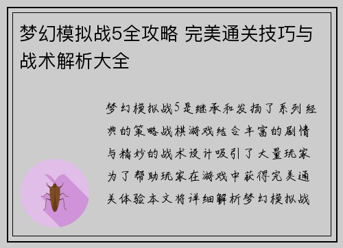 梦幻模拟战5全攻略 完美通关技巧与战术解析大全