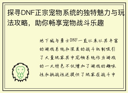 探寻DNF正宗宠物系统的独特魅力与玩法攻略，助你畅享宠物战斗乐趣
